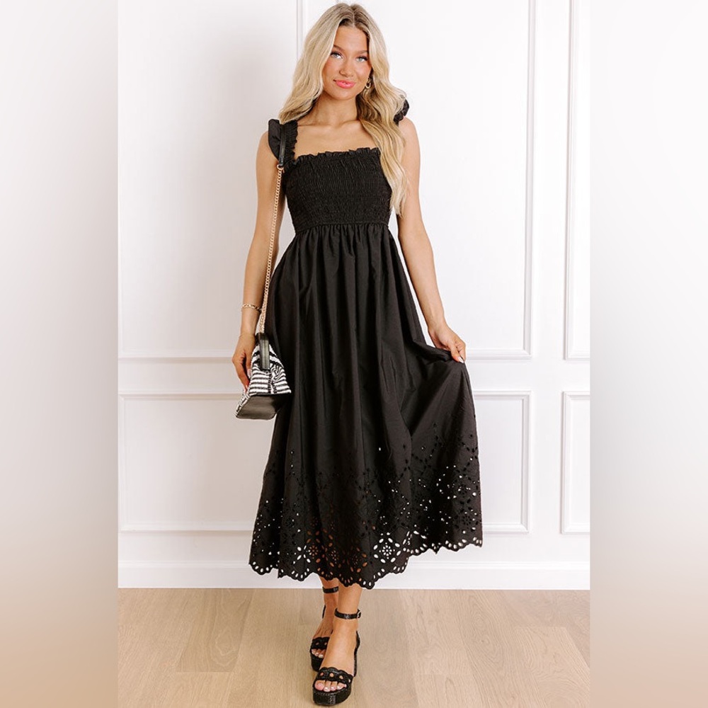 Smocked Eyelet Midi Dress in Black